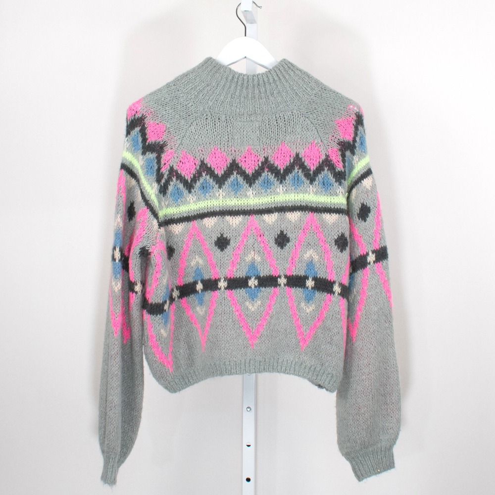 Hollister Mock Neck Fair Isle Knit Sweater‎ Gray Hot Pink Blue Size L